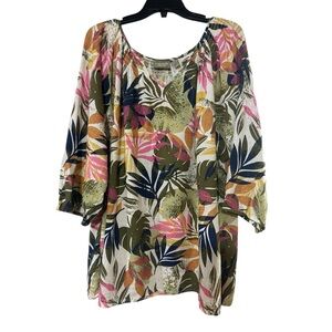 Denim&Co Tropical Scoop Neck Tunic - Olive, Pink & Navy